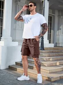 Manfinity LEGND Hombres Shorts con bolsillo lateral con solapa de cintura con cordón cargo - Marrón Chocolate - Ver 6