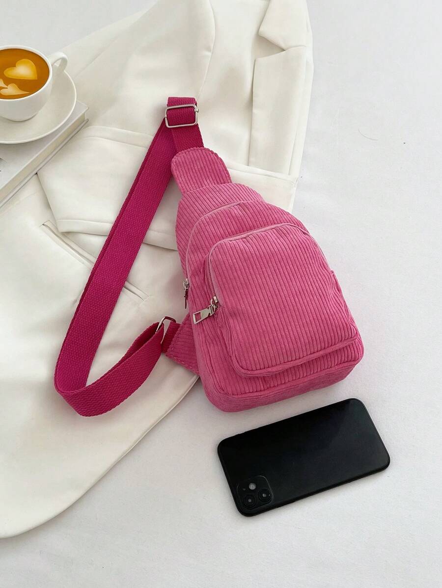 Solid Color Corduroy Minimalist & Lovely Chest Bag - Pink - View 1