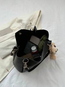 針腳細節單肩包PU皮革黑色不附包飾 - 黑色 - 查看 6