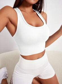 Easithlete Solid Ribbed Knit Sports Bra - White - View 1