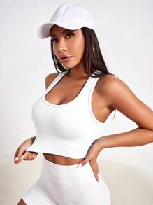 Easithlete Solid Ribbed Knit Sports Bra - White - View 4