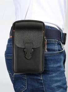 男性休閒拉鍊包男士腰包小素色卡包手機包皮帶腰包胸包 - 黑色 - 查看 1