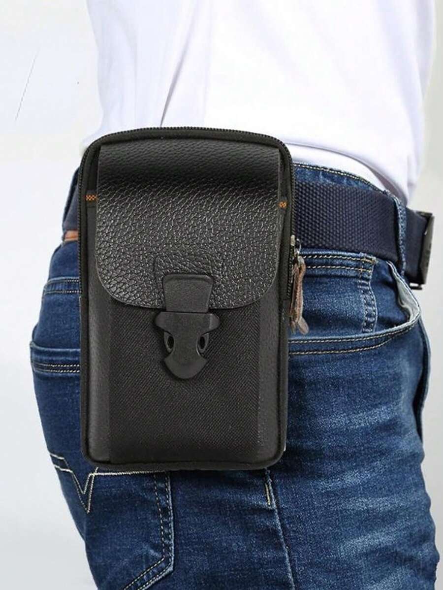 男性休閒拉鍊包男士腰包小素色卡包手機包皮帶腰包胸包 - 黑色 - 查看 1