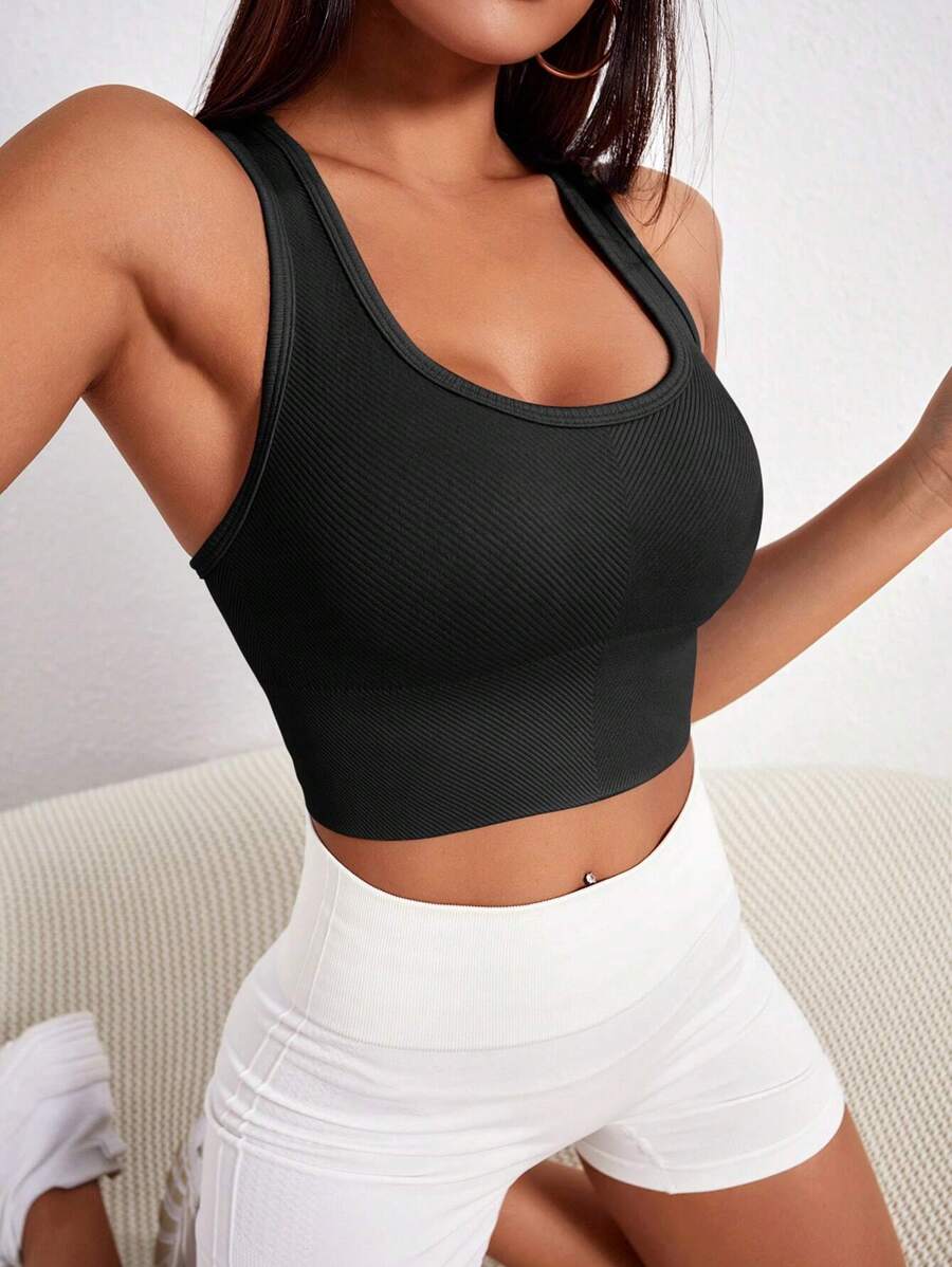 Easithlete Solid Ribbed Knit Sports Bra Summer Tank Tops - Black - View 1