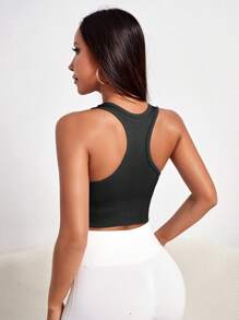 Easithlete Solid Ribbed Knit Sports Bra Summer Tank Tops - Black - View 2