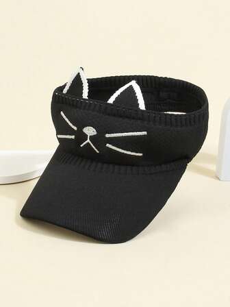 1入組兒童針織刺繡貓臉設計彈性針織帽子