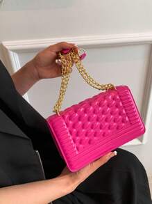 輕量商務休閒壓花細節方形包鏈翻蓋 PU 霓虹粉紅適合青少年女孩女大學生、菜鳥和白領非常適合辦公室、大學、工作、商務、通勤、戶外、旅行、郊遊 - 玫紅色 - 查看 6