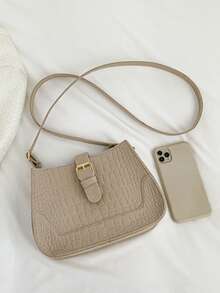 Crocodile Embossed Crossbody Bag Buckle Design - Khaki - View 5