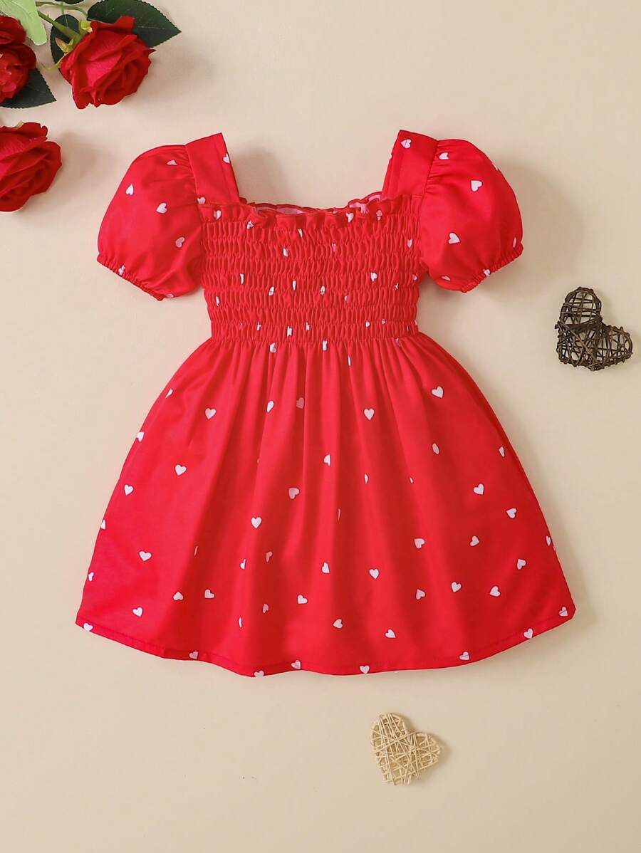 Baby Heart Print Puff Sleeve Dress - Red - View 1