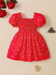 Baby Heart Print Puff Sleeve Dress - Red - View 2