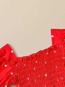 Baby Heart Print Puff Sleeve Dress - Red - View 3