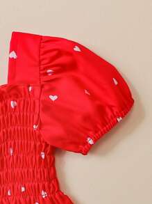 Baby Heart Print Puff Sleeve Dress - Red - View 5