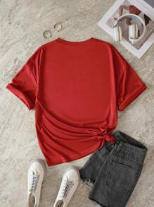 SHEIN EZwear Camiseta con estampado de letra - Rojo - Ver 2