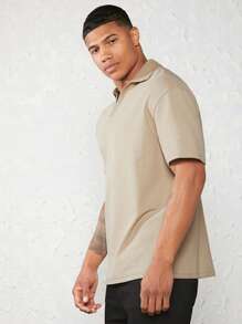 GENTILAND Men Cotton Solid Drop Shoulder Polo Shirt - Khaki - View 3