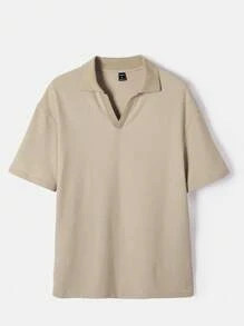 GENTILAND Men Cotton Solid Drop Shoulder Polo Shirt - Khaki - View 6