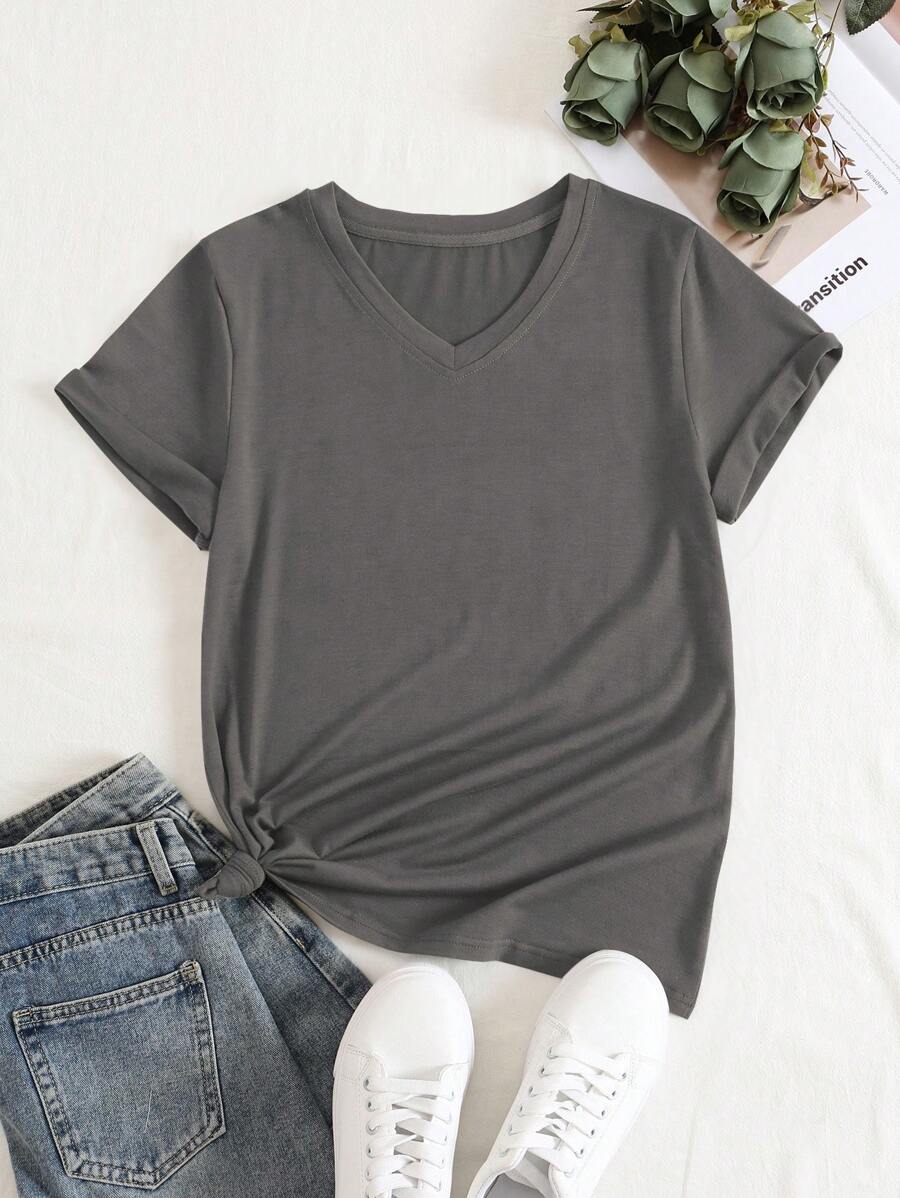 SHEIN LUNE Solid V Neck Tee - Dark Grey - View 1