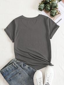 SHEIN LUNE Solid V Neck Tee - Dark Grey - View 2