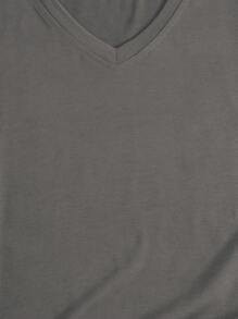SHEIN LUNE Solid V Neck Tee - Dark Grey - View 5
