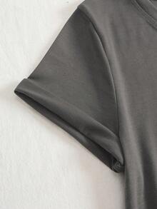 SHEIN LUNE Solid V Neck Tee - Dark Grey - View 6