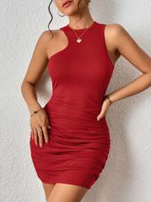 SHEIN Essnce Đầm Bất đối xứng Xù màu trơn Gợi cảm - Đỏ - Xem 1