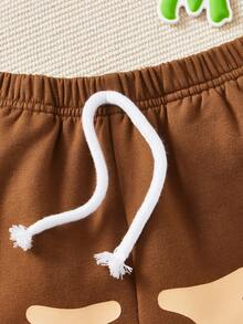 SHEIN 小男童字母圖案腰上打結短褲 - 棕色 - 查看 4