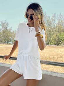 RueChic Solid Drop Shoulder Tee & Shorts - White - View 3