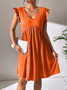 SHEIN VCAY 網眼刺繡荷葉邊娃娃裙 - 橘色 - 查看 1