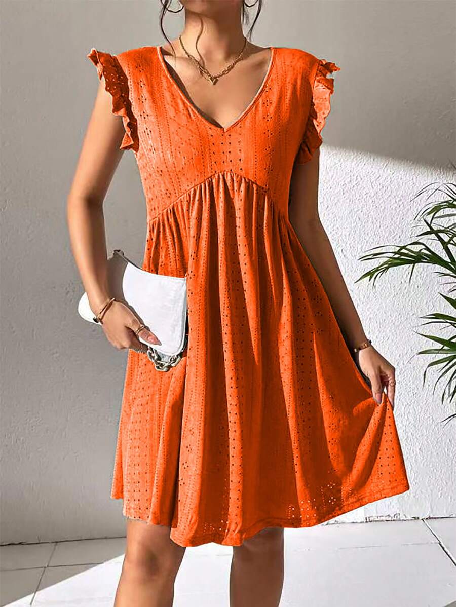 SHEIN VCAY 網眼刺繡荷葉邊娃娃裙 - 橘色 - 查看 1