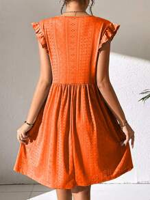 SHEIN VCAY 網眼刺繡荷葉邊娃娃裙 - 橘色 - 查看 2