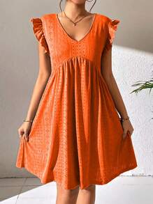 SHEIN VCAY 網眼刺繡荷葉邊娃娃裙 - 橘色 - 查看 3