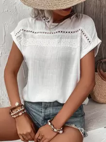 Breezaya Contrast Guipure Lace Batwing Sleeve Blouse