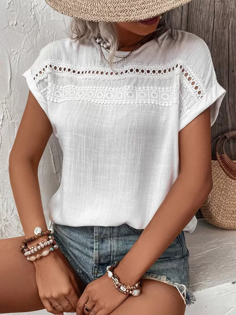 Breezaya Contrast Guipure Lace Batwing Sleeve Blouse