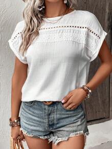 Breezaya Contrast Guipure Lace Batwing Sleeve Blouse