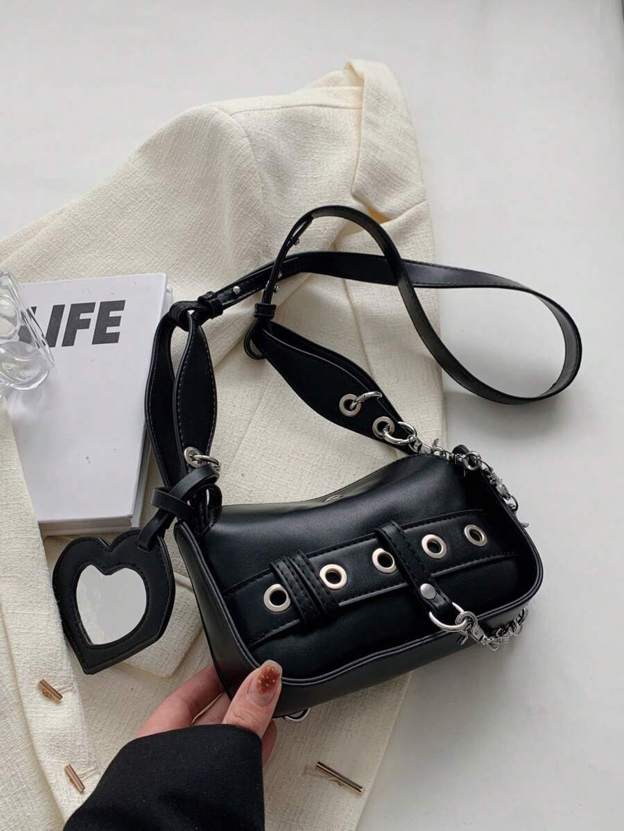 Bolsa cuadrada mini con diseño de ojal con corazón & con diseño de cadena - Negro - Ver 1