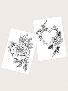 2sheets Flower & Heart Pattern Tattoo Sticker - Black - View 4