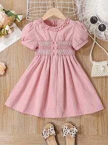 SHEIN Cô Gái Trẻ Mùa hè Xếp li Vòng cổ DOUBLE-BREASTED Bong bóng Ngắn tay Váy công chúa Với dây kéo Đối với Giải trí Ngày lễ - Hồng - Xem 1