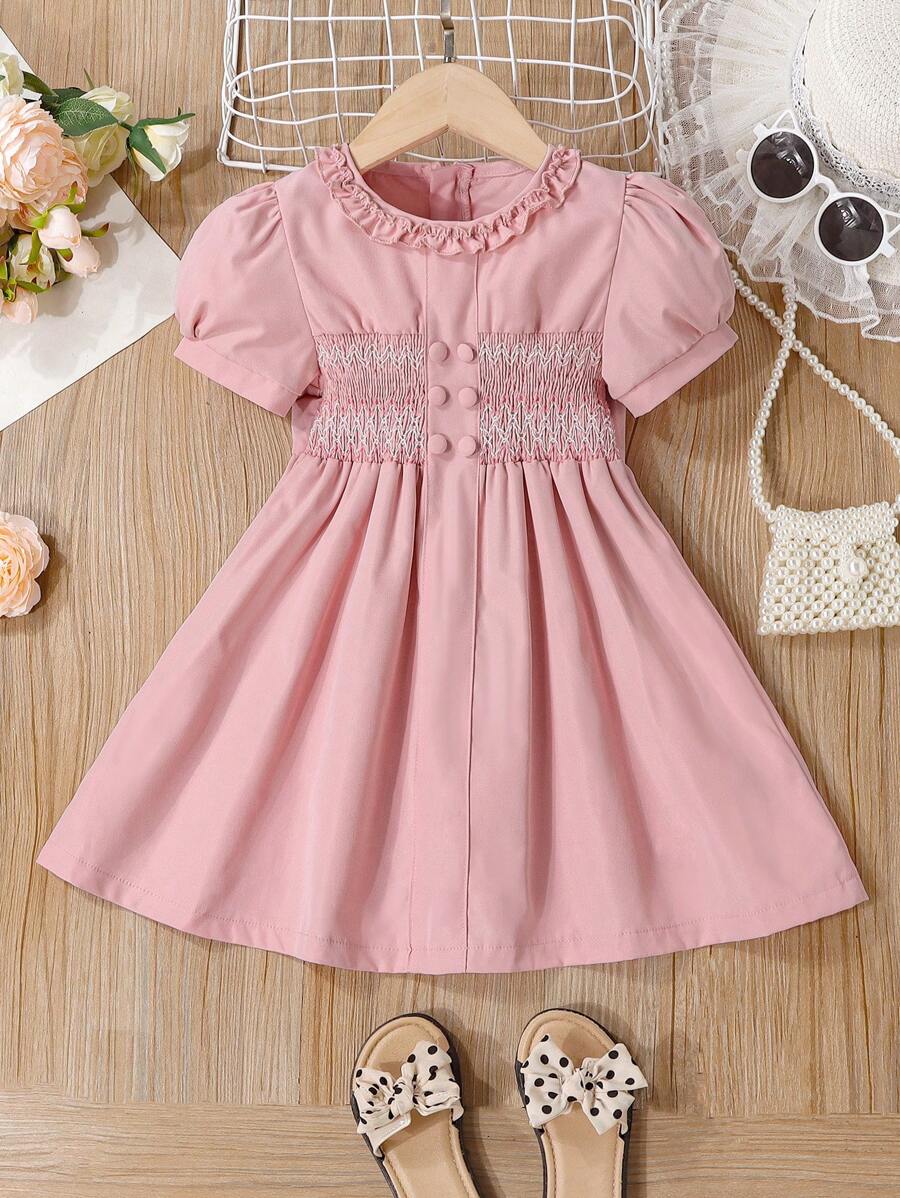 SHEIN Cô Gái Trẻ Mùa hè Xếp li Vòng cổ DOUBLE-BREASTED Bong bóng Ngắn tay Váy công chúa Với dây kéo Đối với Giải trí Ngày lễ - Hồng - Xem 1