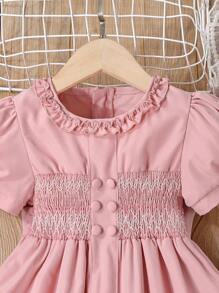 SHEIN Cô Gái Trẻ Mùa hè Xếp li Vòng cổ DOUBLE-BREASTED Bong bóng Ngắn tay Váy công chúa Với dây kéo Đối với Giải trí Ngày lễ - Hồng - Xem 3