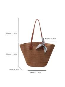 大容量草編包雙把手絲巾裝飾 - 卡其色 - 查看 3