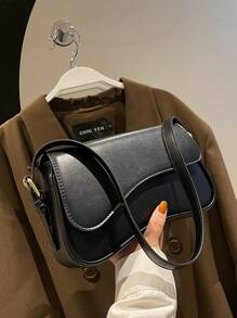 Bolso Baguette con Solapa Mediano Elegante Negro Simple Color Sólido Bolso con Solapa en las Axilas Bolso con Textura de PU Monedero Bolso Baguette Versátil de Moda