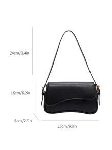 Bolso Baguette con Solapa Mediano Elegante Negro Simple Color Sólido Bolso con Solapa en las Axilas Bolso con Textura de PU Monedero Bolso Baguette Versátil de Moda