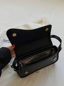 Bolso Baguette con Solapa Mediano Elegante Negro Simple Color Sólido Bolso con Solapa en las Axilas Bolso con Textura de PU Monedero Bolso Baguette Versátil de Moda