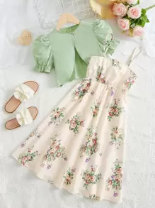 SHEIN Leap Crew 女孩泡泡袖上衣和印花吊帶連衣裙 - 彩色 - 查看 1