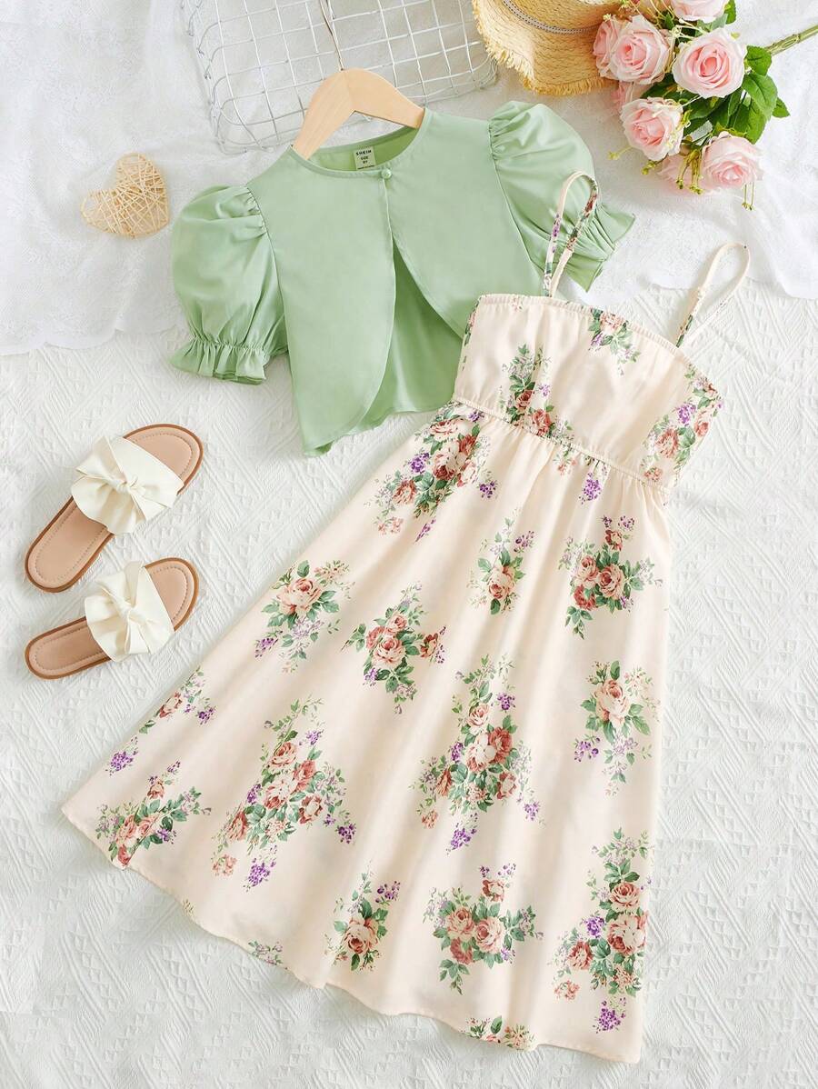 SHEIN Leap Crew 女孩泡泡袖上衣和印花吊帶連衣裙 - 彩色 - 查看 1