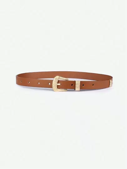 1pc Kid's Western Style PU Belt With Gold Floral Buckle