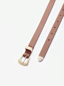 1pc Kid's Western Style PU Belt With Gold Floral Buckle - Brown - View 3