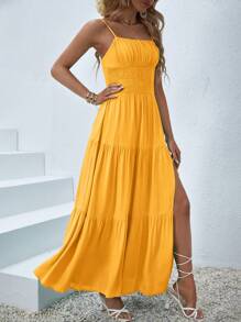 SHEIN VCAY Đầm Lộ Lưng phân lớp Dải chun màu trơn Boho - Màu vàng - Xem 4