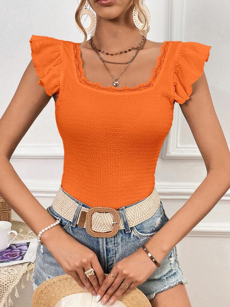 SHEIN Privé Camiseta ribete con encaje de cuello cuadrado ribete con fruncido - Naranja - Añade 4