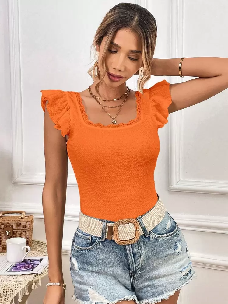 SHEIN Privé Camiseta ribete con encaje de cuello cuadrado ribete con fruncido - Naranja - Añade 5
