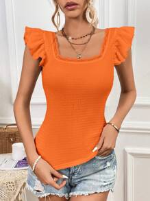 SHEIN Privé 蕾絲邊方領荷葉邊T恤 - 橘色 - 查看 6